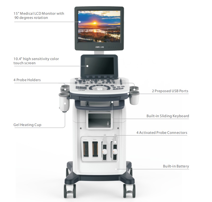 Prezzo di fabbrica di Zoncare p7/p7vet Full Digital 3D 4D Color Doppler trolley Sistema diagnostico ad ultrasuoni
